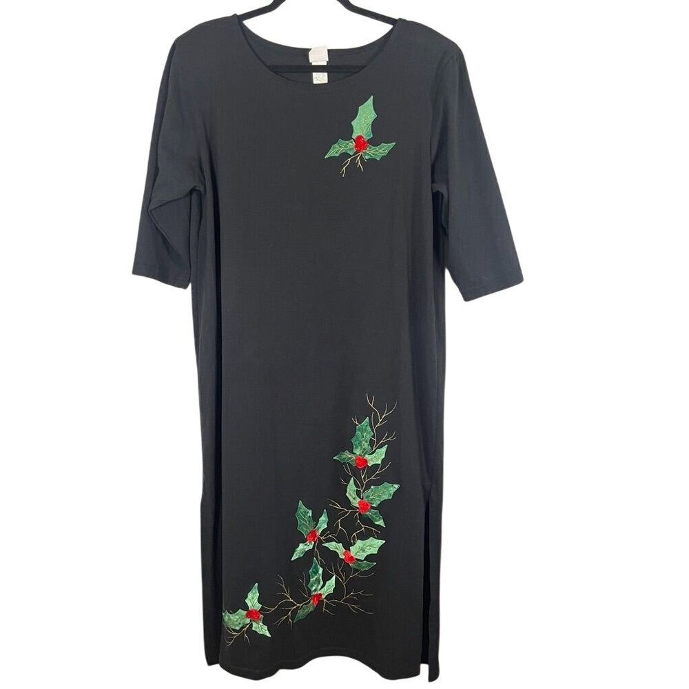 Vintage Christmas Maxi Dress M Black Poinsettia Festive Holiday Preppy Chic 80s